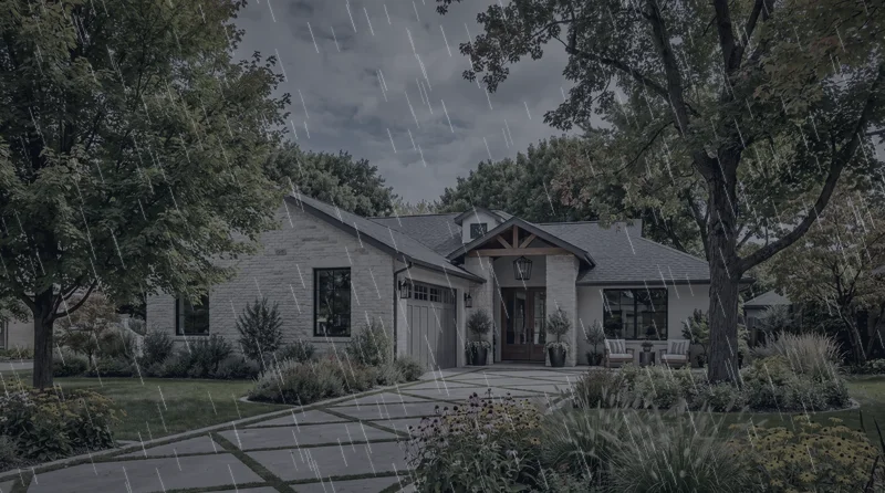 A home under storm clouds and rain
