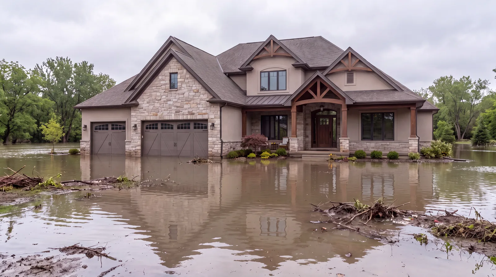 Floodwater surrounding a stone house after heavy rain